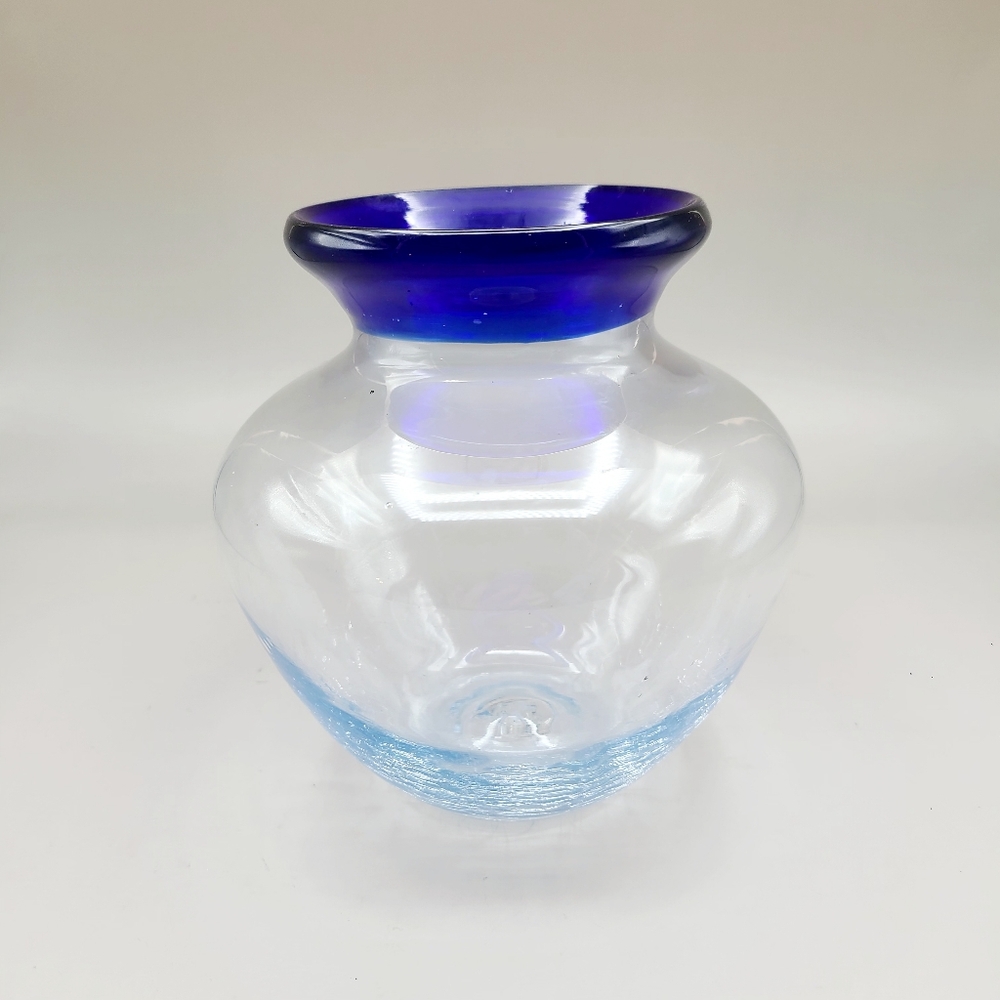 Clear Glass Vase with Cobalt Blue Rim & Handblown Crackled Bottom